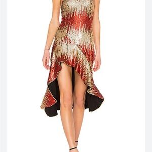 NBD Red and Gold Asymmetrical High-Low Cocktail Dress